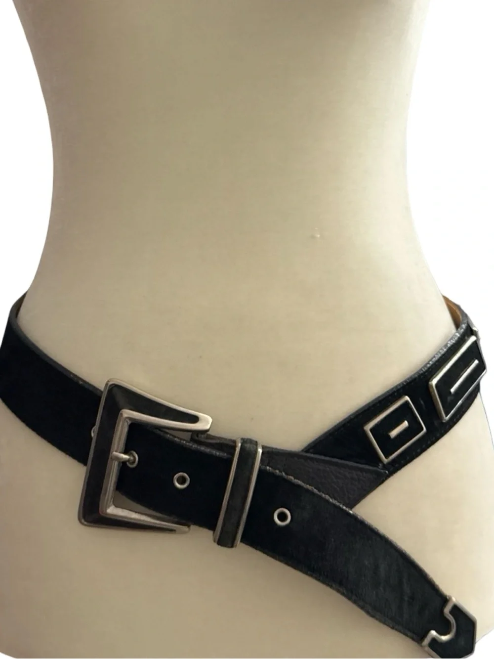 Vintage Streets Ahead Black Suede Belt Silver Buckle Embellished Made in USA
